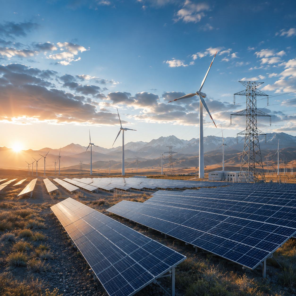 Wind turbines and solar panels at sunset